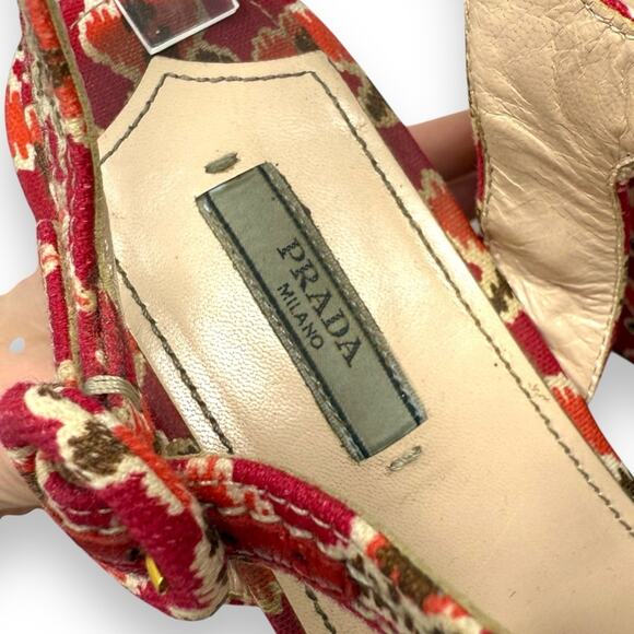 Prada Vintage Le Voyageur Collection 2012 Floral Wedge Platform Sandals Red 40.5 - Picture 10 of 16